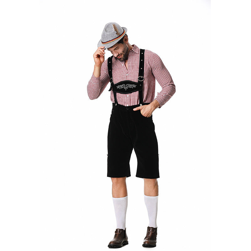 Herren nan kurze Trachtenlederhose in Veloursleder-Optik mit besticktem Brustlatz und verstellbaren Trägern R&B