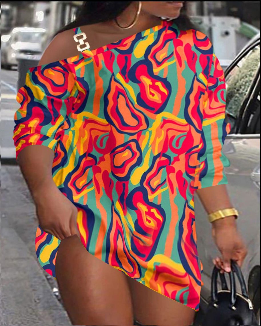 Damen asymmetrisches Kleid mit modischem Grafikdesign und einem Schulter-Detail R&B
