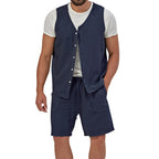 Herren nan zweiteiliges Freizeit-Set mit ärmelloser Knopfweste und weiten Kordelzug-Shorts mit aufgesetzten Taschen R&B