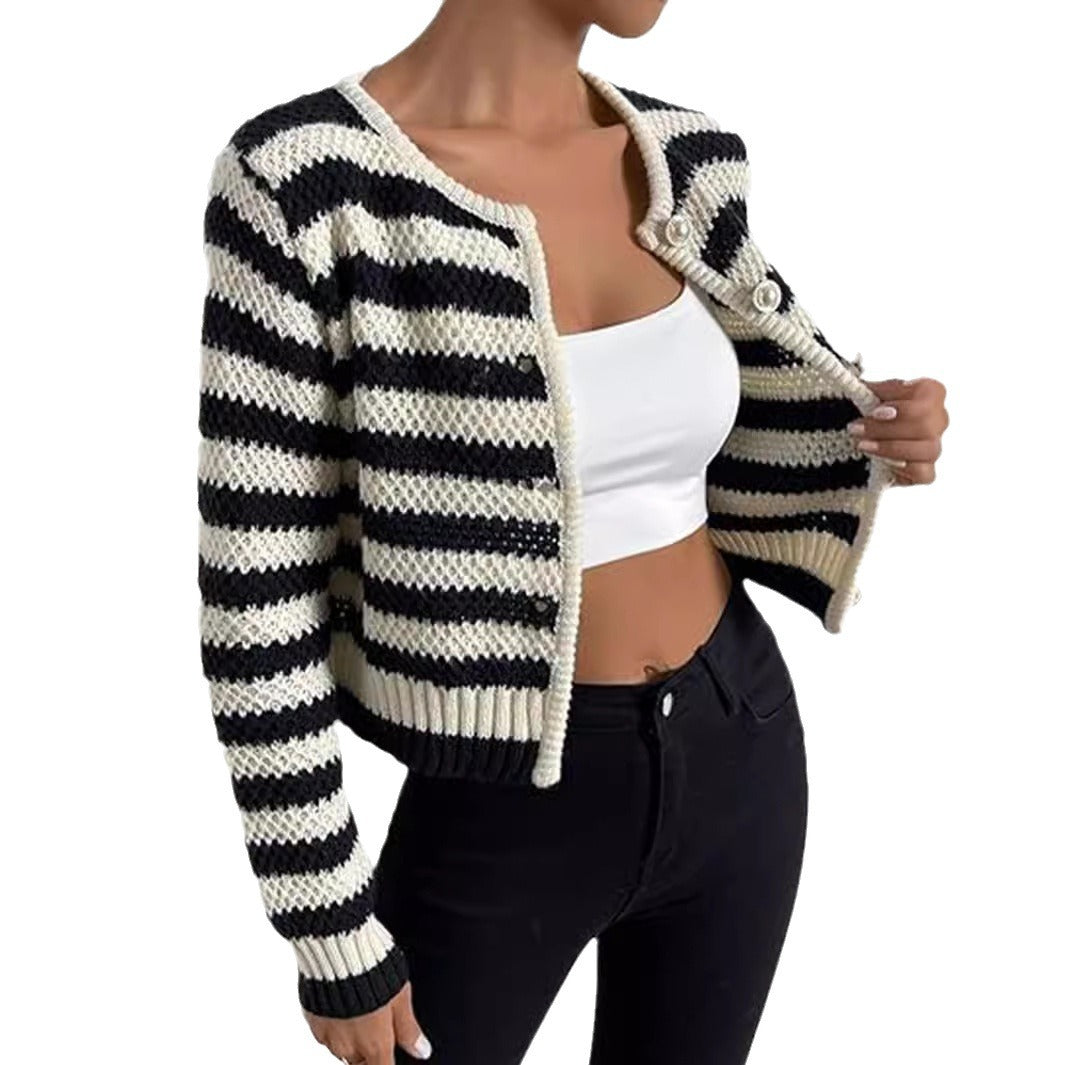 Damen gestreifte Strickjacke mit dekorativen Knöpfen R&B