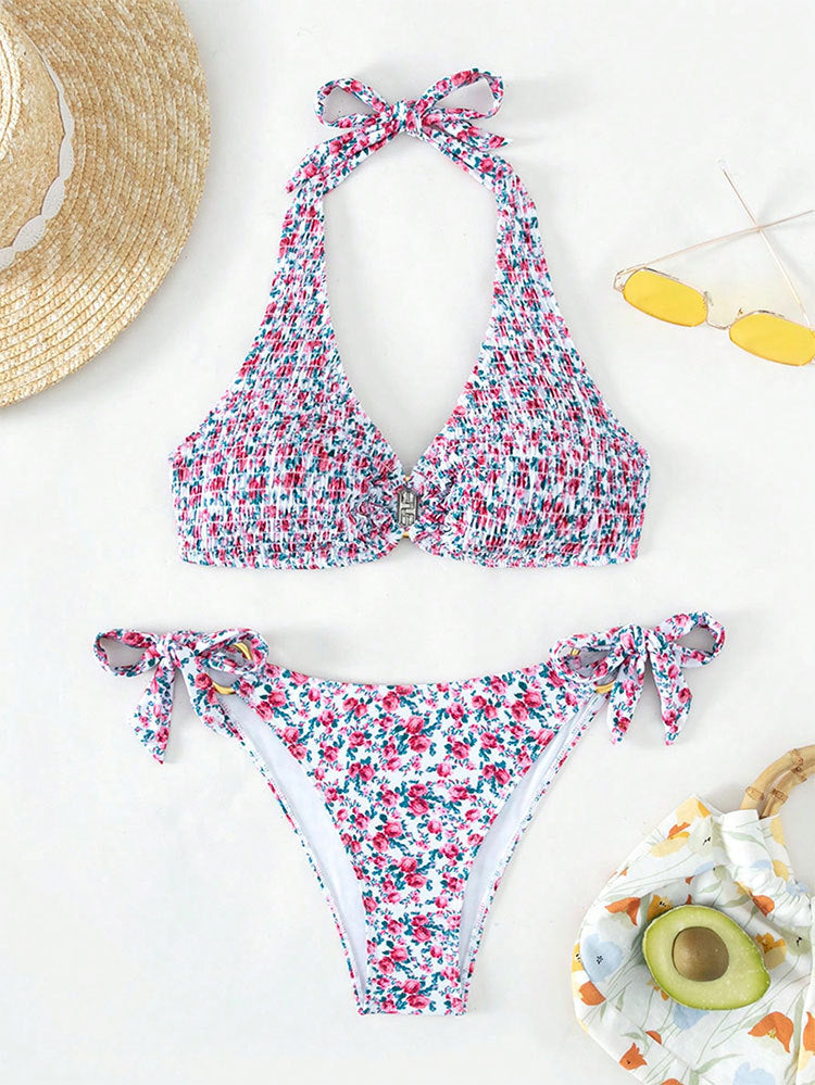 Damen Triangel-Bikini mit verspieltem Blumenmuster und komfortablen Schleifen