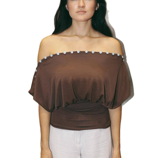 Damen Off-Shoulder Oberteil mit eleganter Knopfverzierung R&B