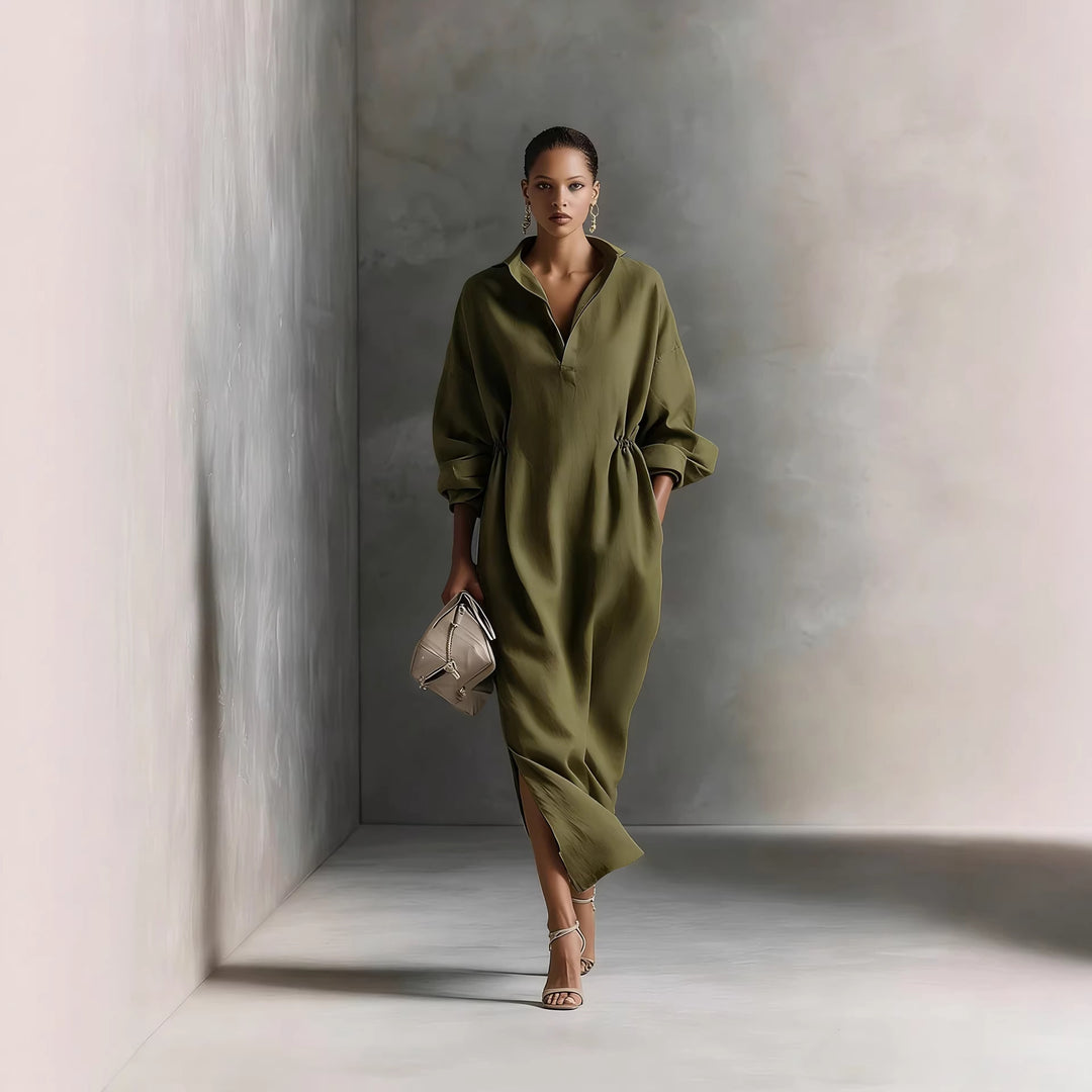 Damen stilvolles Midikleid mit Bindegürtel und klassischem Kragen R&B