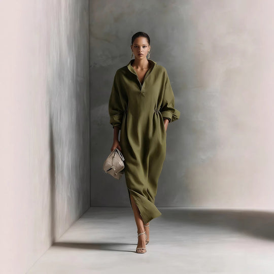 Damen stilvolles Midikleid mit Bindegürtel und klassischem Kragen R&B