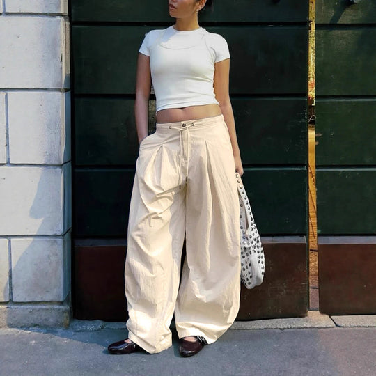 Damen weite stylistische Hose mit dekorativer Taillenbindung und Komfortschnitt R&B