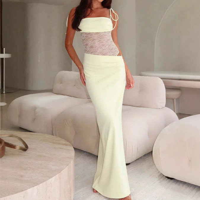 Damen nan Bandeau-Maxikleid mit transparentem Spitzenkorsett und knotbaren Spaghettiträgern R&B