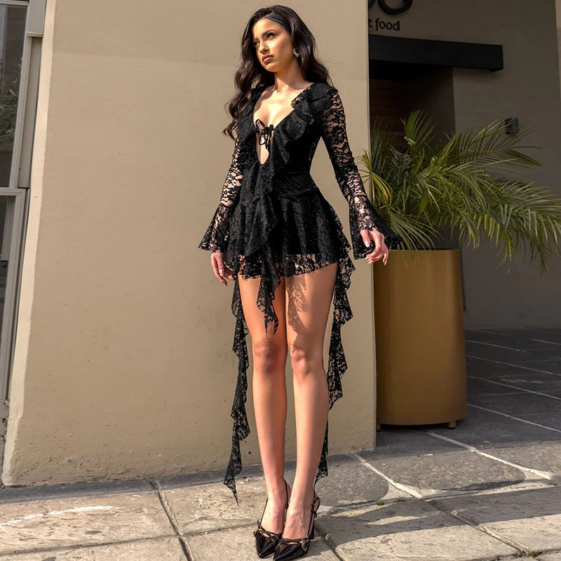 Damen verspielt und romantisches Spitzenkleid mit Rüschendetails und tiefem Ausschnitt R&B