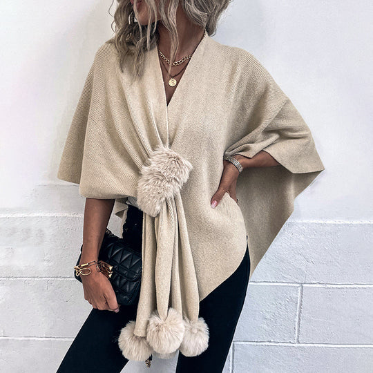 Damen eleganter Poncho mit luxuriösem Kunstfellbesatz R&B