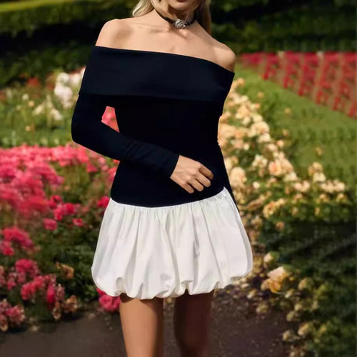 Damen Off-Shoulder Minikleid mit voluminösem Rock und langen Ärmeln R&B