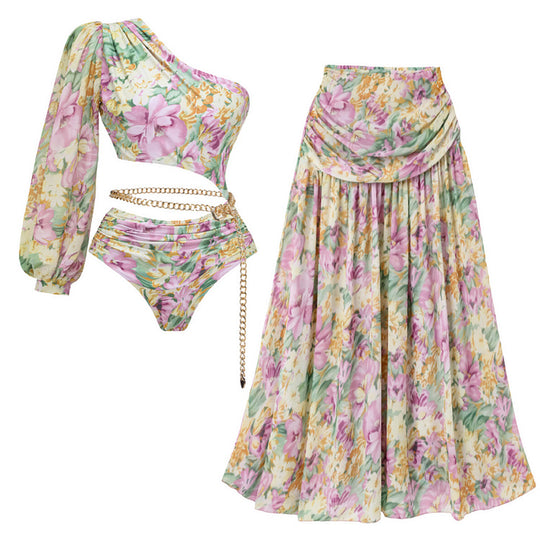 Damen Einseitiger Badeanzug mit floralen Mustern und glamouröse Kette R&B