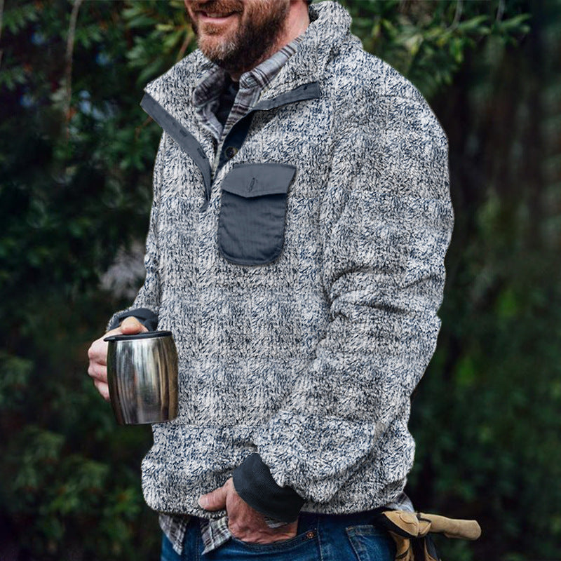 Herren Fleece-Pullover mit Karomuster und Hohem Kragen R&B