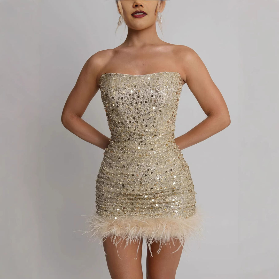 Damen Glamouröses Cocktailkleid mit Pailletten und Federkragen R&B