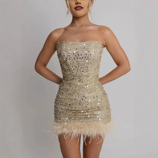Damen Glamouröses Cocktailkleid mit Pailletten und Federkragen R&B
