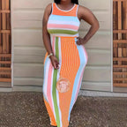 Damen Maxikleid im modernen Streifenlook mit tiefem Rundhalsausschnitt und slim fit Schnitt R&B