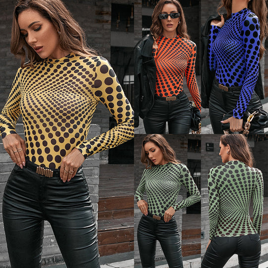 Damen figurbetontes Langarmshirt mit grafischem Punktedesign R&B