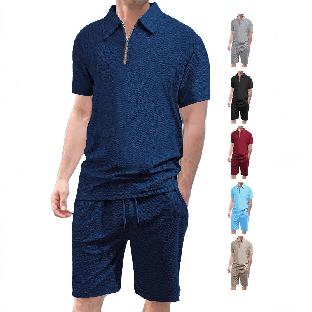 Herren nan komfortables Kurzarm-Halbzip-Set mit Polokragen und elastischer Kordelhose aus Strukturstrick R&B
