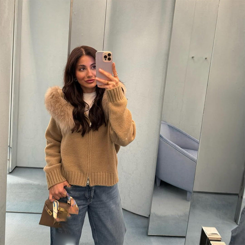 Damen Kuschelige Strickjacke mit Fellkragen R&B