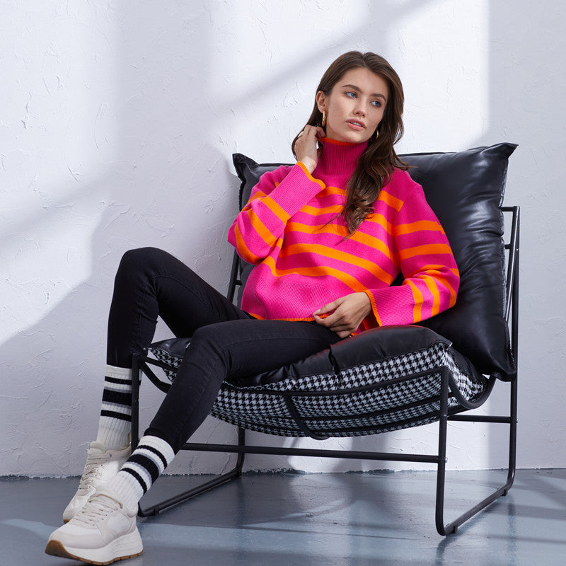 Damen hochwertiger gestreifter Pullover mit Stehkragen R&B