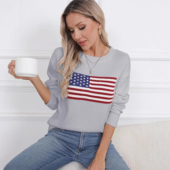 Damen Strickpullover mit Flaggenmotiv und lässigem Schnitt R&B