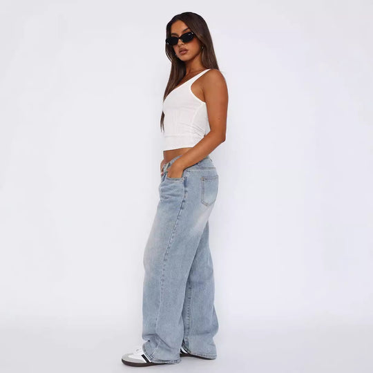 Damen lässige weite Jeans mit hohem Bund und modischem Schnitt R&B