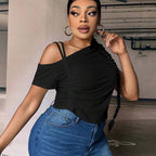 Damen asymmetrisches Oberteil mit dekorativem Rüschendetail und leichtem Stretch R&B