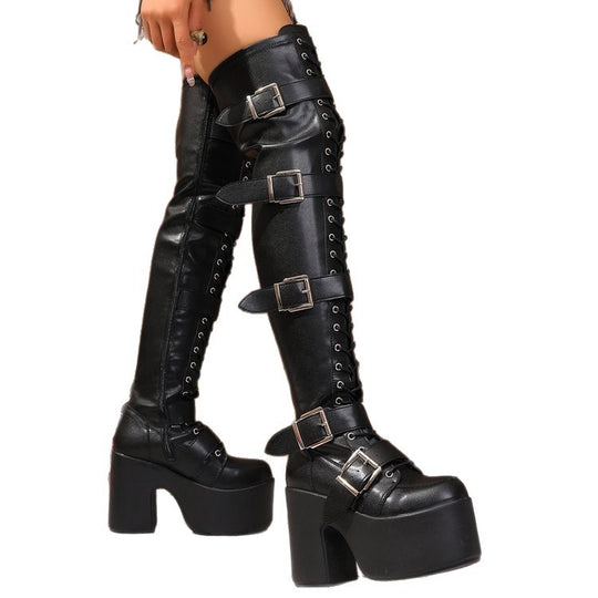 Damen Overknee Stiefel mit modischen Schnallen und hochmodernem Plateau R&B