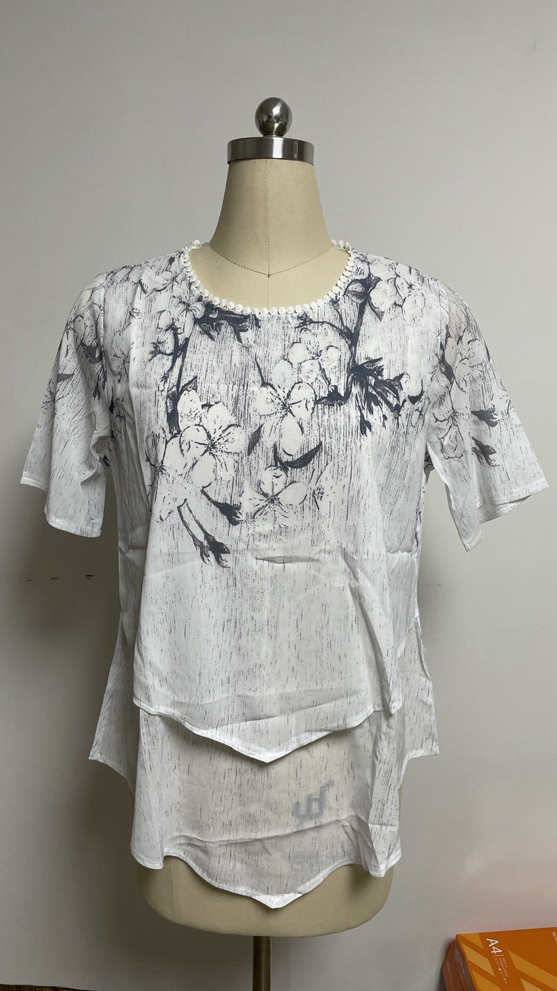 Damen nan zweilagiges Blusenkleid mit asymmetrischem Stufensaum, floraler Druckpasse und Flügelärmeln R&B