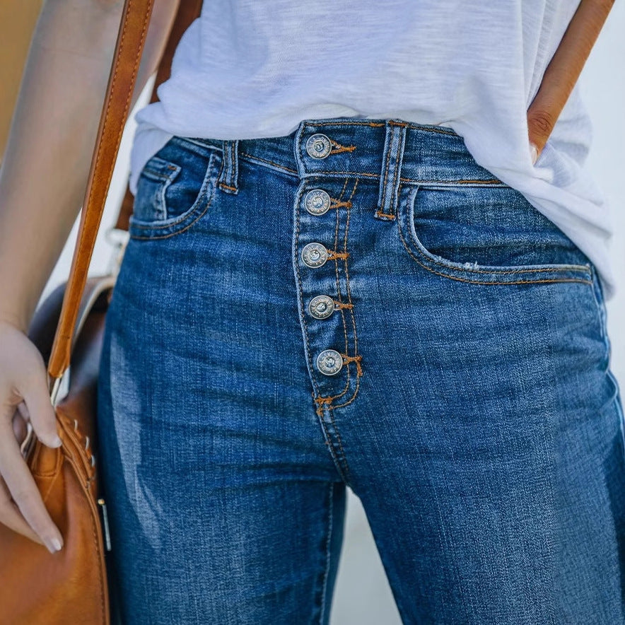 Damen Flared Jeans mit modischen Fransen und hoch sitzendem Bund R&B