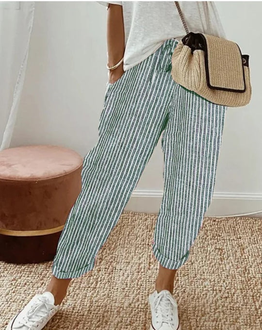 Damen lässige Streifenhose mit elastischem Bund und praktischen Eingrifftaschen R&B