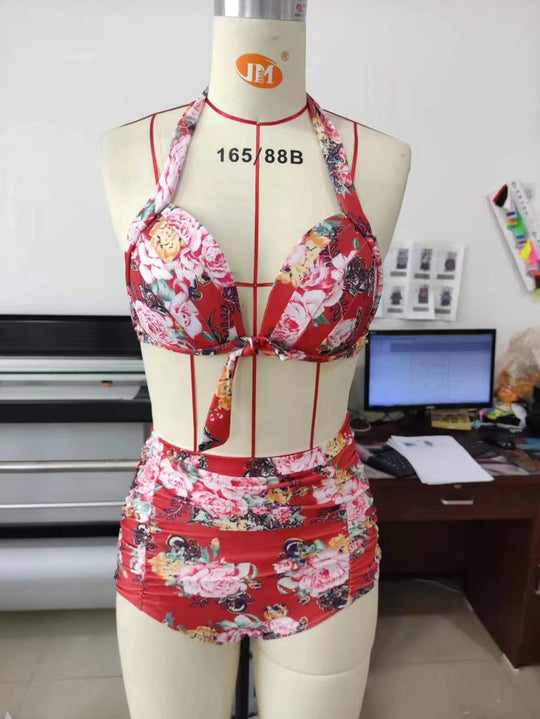 Damen Hoch tailliertes Bikini-Set mit floralem Design und Raffungen R&B