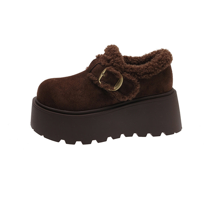 Damen Plüschige Slipper mit robustem Plateau und eleganter Schnalle R&B