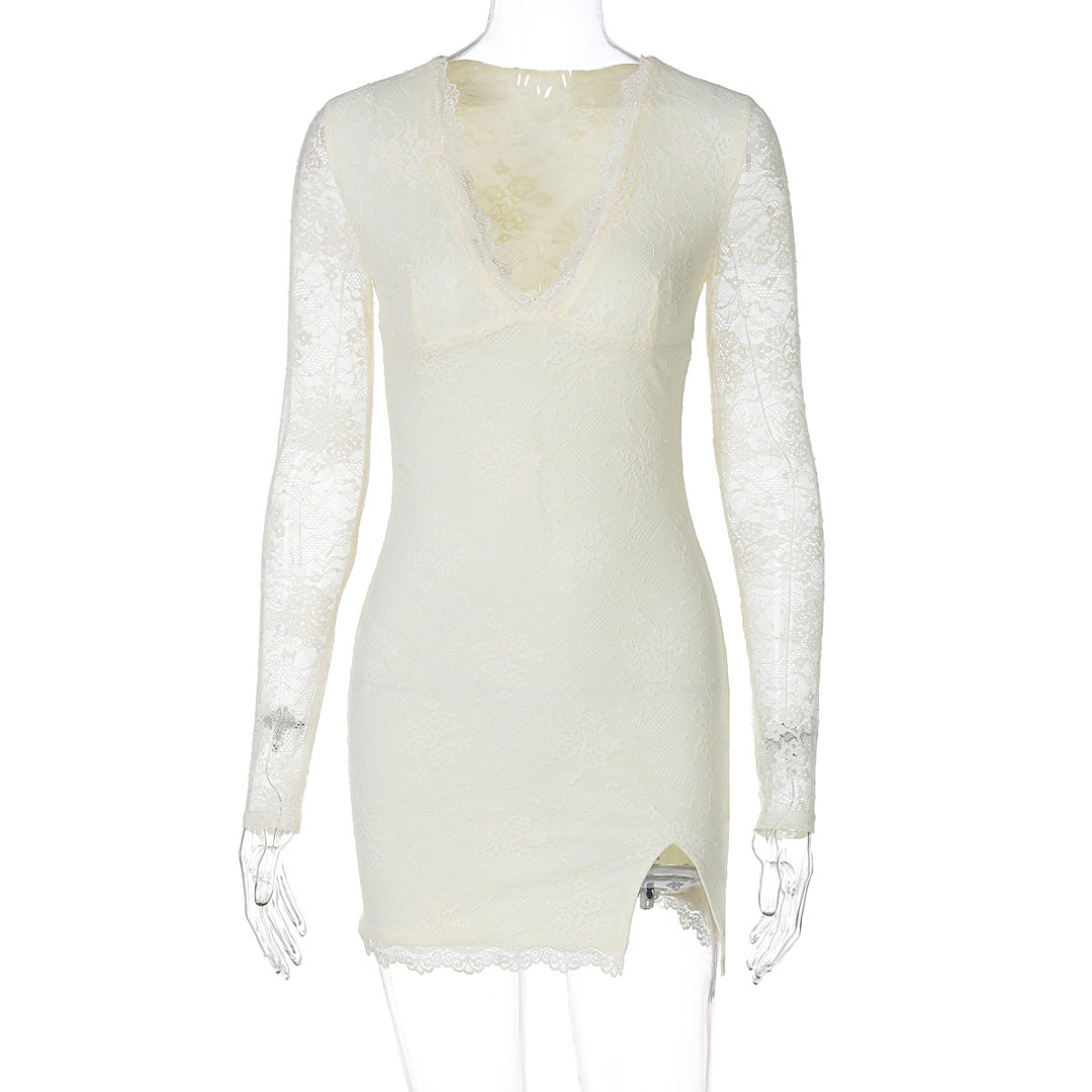 Damen Elegantes Spitzenkleid mit tiefem V-Ausschnitt und langen Ärmeln R&B