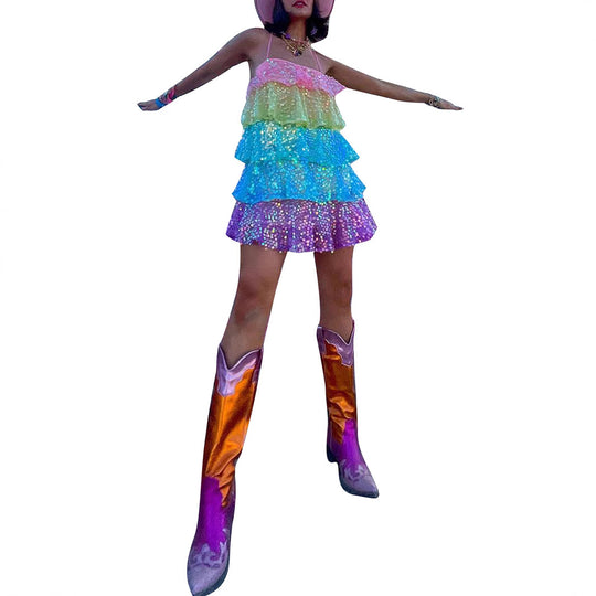 Damen luftiges Sommerkleid mit buntem Paillettenmuster R&B