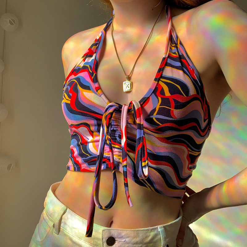 Damen Crop-Bikini-Oberteil mit Kordelzug und farbenfrohem Design R&B