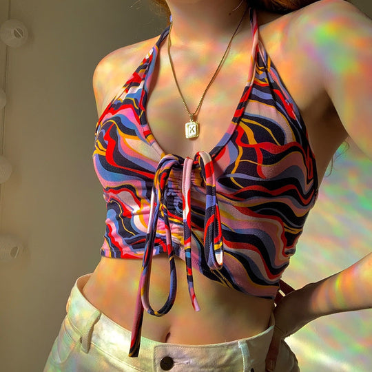 Damen Crop-Bikini-Oberteil mit Kordelzug und farbenfrohem Design R&B