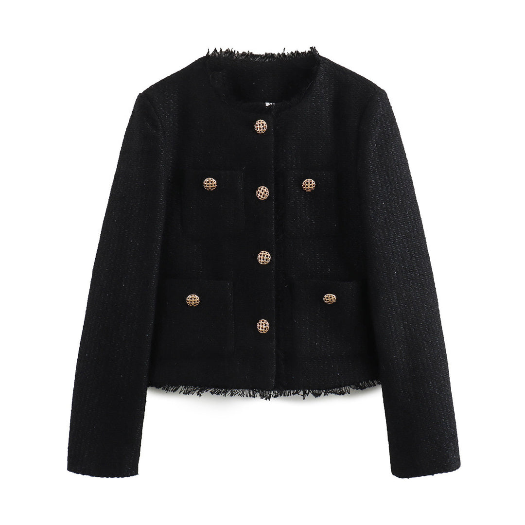 Damen elegante kurz geschnittene Blazerjacke mit strukturiertem Gewebe und goldenen Knopfdetails R&B
