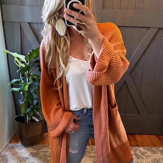 Damen luftige Strickjacke mit praktischen Taschen und lockerer Passform R&B