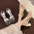 Damen modische Blockabsatz Sandalen mit zarten Verzierungen R&B