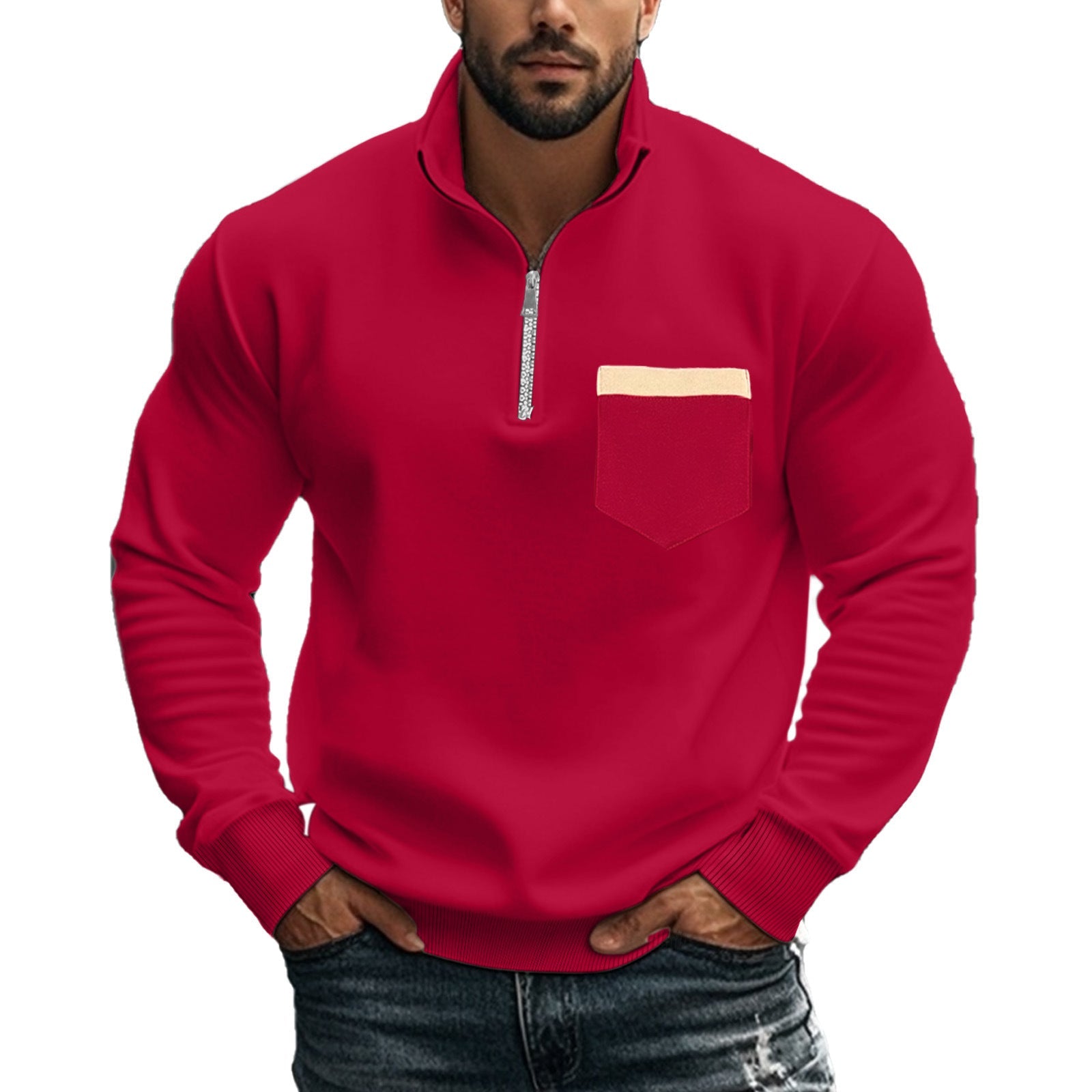 Herren Sportlicher Pullover mit halbem Reißverschluss und Kontrastbrusttasche R&B