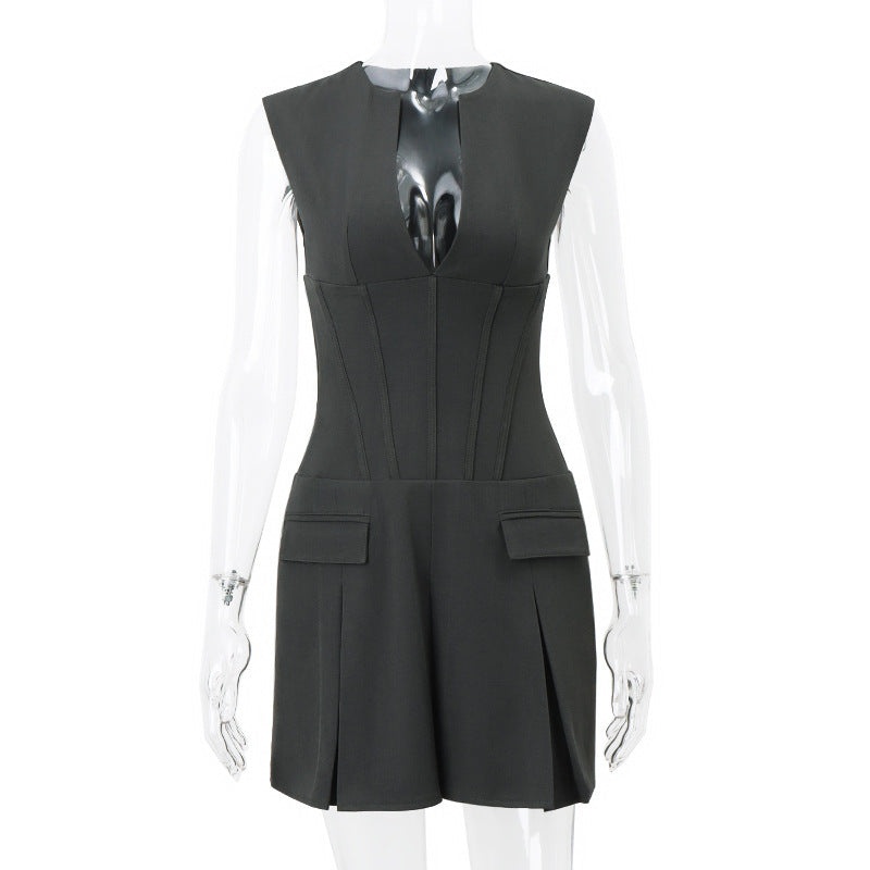 Damen Figurbetontes Minikleid mit tiefem V-Ausschnitt und schwingendem Rock R&B