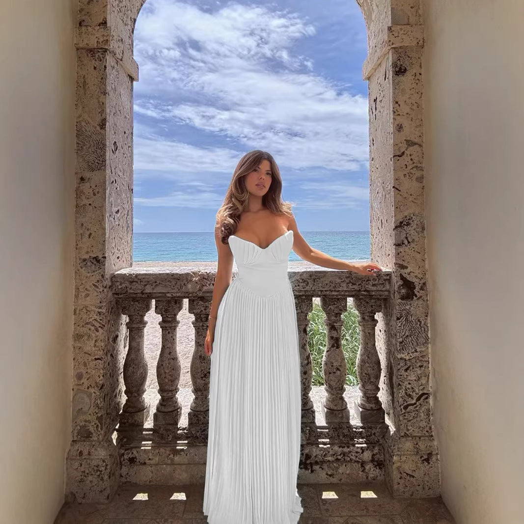Damen Plisseekleid mit tiefem Herzausschnitt und fließendem Rock R&B