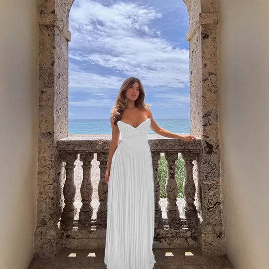Damen Plisseekleid mit tiefem Herzausschnitt und fließendem Rock R&B