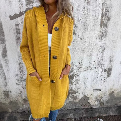 Damen Strickjacke mit Kapuze und dekorativen Knöpfen R&B