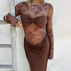 Damen Hochwertiges Maxikleid mit transparenten Langarmen R&B