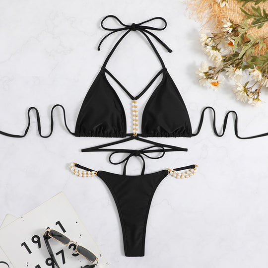 Damen Triangel-Bikini mit kunstvollen Perlenakzenten und verstellbaren Trägern R&B