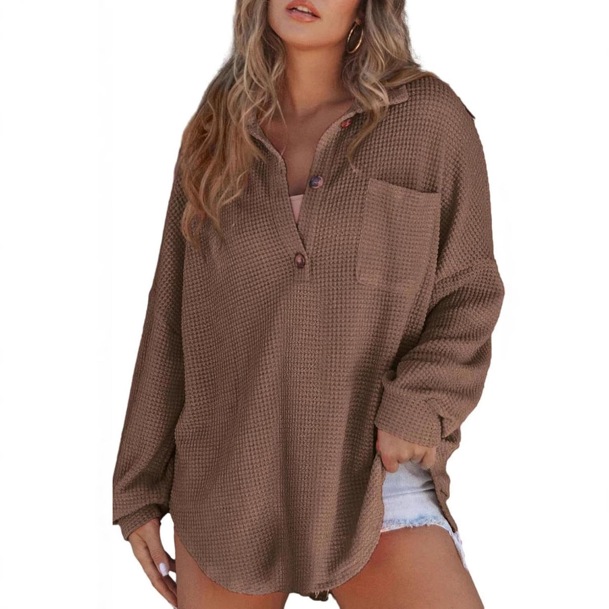 Damen Oversized Baumwollhemd mit Knopfleiste und Brusttasche R&B