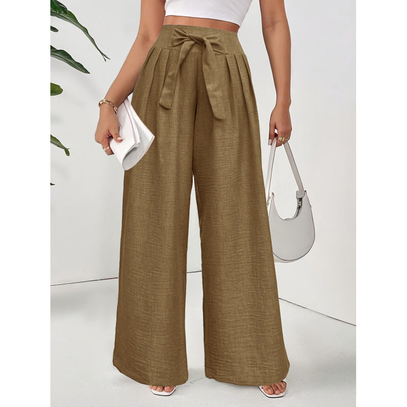 Damen Weite Hochtaillierte Hose mit Schleifenbund und Falten R&B