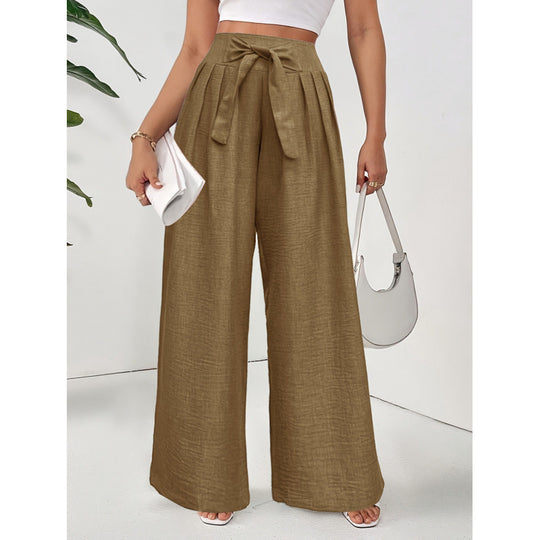 Damen Weite Hochtaillierte Hose mit Schleifenbund und Falten R&B