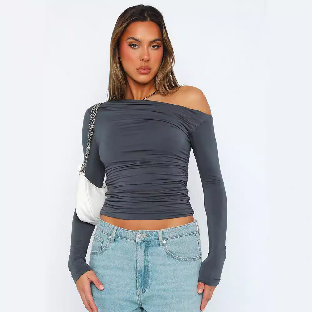 Damen Stylisches Oversized Shirt mit versetztem Kragen und Raffung