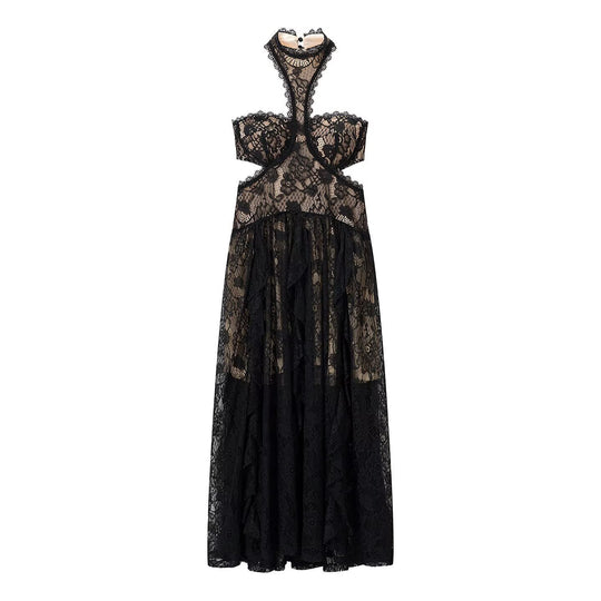 Damen Spitzenmaxikleid mit raffinierten Rüschendetails und elegantem Halterneck R&B
